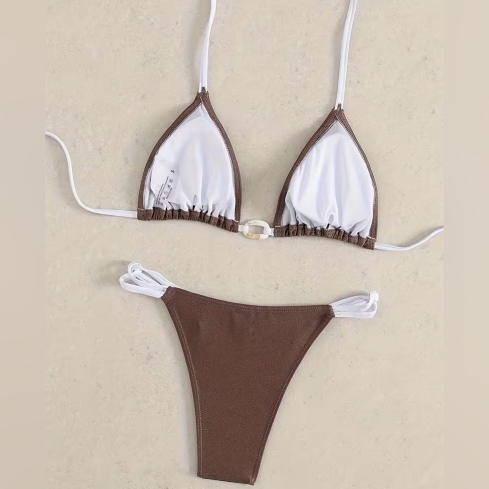 Brown White Halter High Cut Bikini Set - Picture 3 of 7